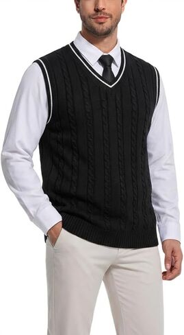 Sweater Vest Men - Men's V Neck Cotton Vest，Pullover Cable Knit Vest for Men Fit Business Casual for Fall Winter Layering in Saudi Arabia
