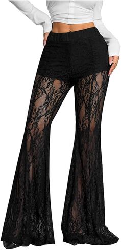 Oyoangle Women's Lace Lace Pants Y2K مرونة الخصر النحيف الجرس السفلي سراويل الحزب النادي in Kuwait