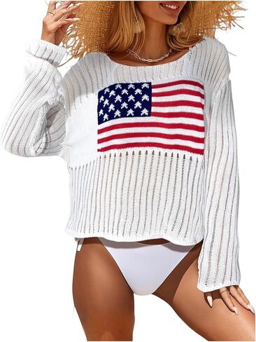 SOLY HUX Women's Hollow Out Knit American Flag Sweater Long Sleeve Pullover Coverups Knitwear in Saudi Arabia