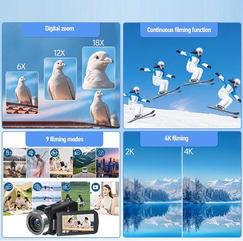 كاميرا فيديو EBTOOLS 4K، 80 ميجابكسل HD 3 بوصة 270 درجة شاشة دوران 18X تكبير مسجل فيديو رقمي مع فلاش LED، للسفر ومدونات الفيديو in Kuwait