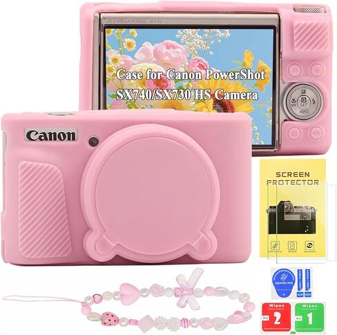 Case for Canon PowerShot SX740 HS, SX730 HS with 2 Screen Protector and 1 Charm Wrist Strap Accessories, Anti-Scratch Soft Silicone Digital Camera Protector Case with Removable Lens Cover (PINK) in Saudi Arabia