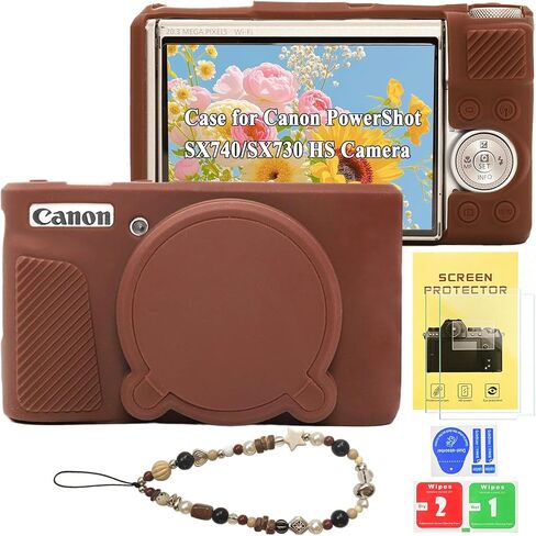 حافظة لكاميرا Canon PowerShot SX740 HS، SX730 HS الرقمية مع حزام معصم ساحر لطيف وواقي شاشة، حافظة حماية للكاميرا من السيليكون لملحقات Canon PowerShot SX740/SX730 HS (بني) in Kuwait
