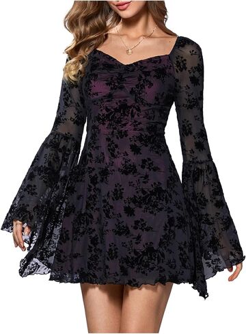 WDIRARA Women's Floral Jacquard Mesh Gothic Dress Bell Long Sleeve A Line Vintage Dresses in Saudi Arabia