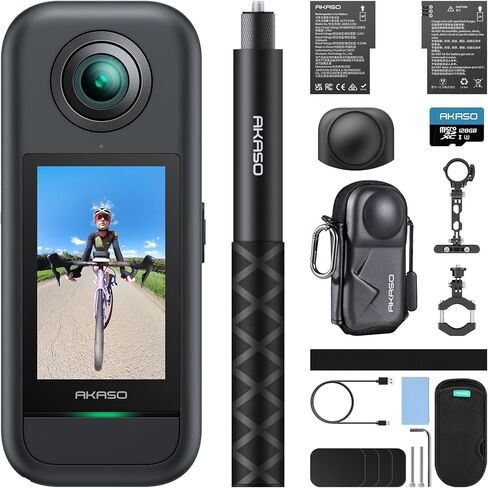 مجموعة كاميرا AKASO 360 مقاومة للطقس بزاوية 360 درجة لركوب الدراجات مع بطاقة MicroSDXC U3 وحزمة حقيبة حمل الكاميرا in Kuwait