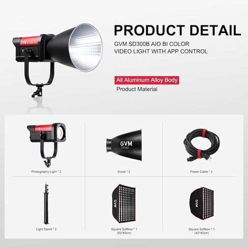 GVM SD300B AIO مصباح فيديو، عبوتان 300 واط ثنائي اللون COB LED للتصوير الفوتوغرافي مع 2 Softboxs و2 حوامل ثلاثية، 2700K–6800K، CRI 97+، 11440 Lux @1m، إضاءة مستمرة للتصوير الفوتوغرافي وتسجيل الفيديو in Saudi Arabia