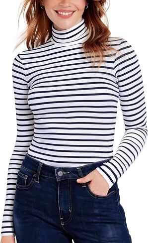 Zengjo Striped Turtleneck Women Long Sleeve Fitted High Neck Top Lightweight Soft Stretchy in Saudi Arabia