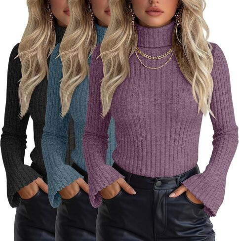 3 Pack Women's Turtleneck Sweaters Slim Fit Ribbed Knitted Bell Long Sleeve Pullover Shirt Basic Tops Fall Winter in Saudi Arabia