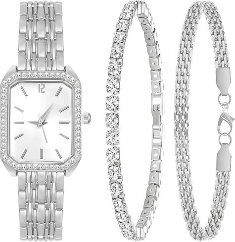 NEWITIN 3 Pieces Women Gold Watch Bracelets Set Fashion Costume Jewelry Stainless Steel Gold Plated Square Wristwatch Diamond Bangle Bracelet Watch Jewelry Set for Women in Saudi Arabia