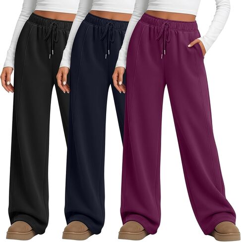 Huukaey 3 Pack Women's Wide Leg Pants High Phenged Pants Lounge Draysring Adhictring Adhictring Woggers مع جيوب in Saudi Arabia