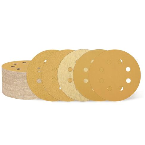 HARFINGTON 60 Pcs 5 Inch Sanding Disc 8 Hole 60/80/120/220/320/400 Grit Hook and Loop Sandpaper Aluminum Oxide Random Orbital Sander Pads for Woodworking Automotive Metal Polishing, Gold in Saudi Arabia