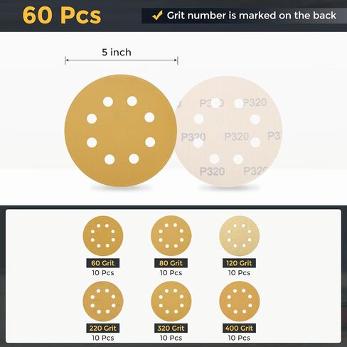 HARFINGTON 60 Pcs 5 Inch Sanding Disc 8 Hole 60/80/120/220/320/400 Grit Hook and Loop Sandpaper Aluminum Oxide Random Orbital Sander Pads for Woodworking Automotive Metal Polishing, Gold in Saudi Arabia