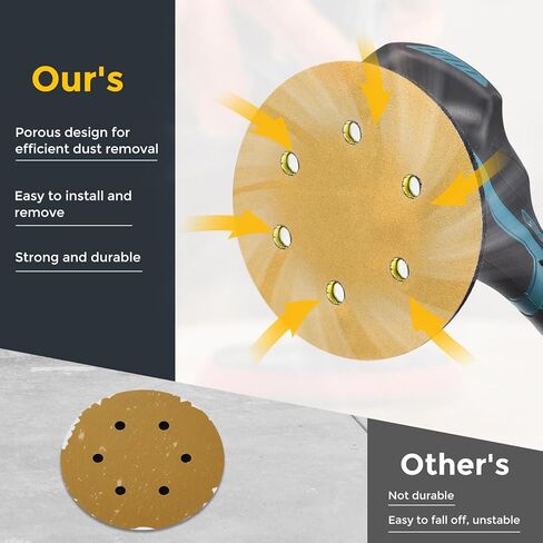 HARFINGTON 60 Pcs 5 Inch Sanding Disc 8 Hole 60/80/120/220/320/400 Grit Hook and Loop Sandpaper Aluminum Oxide Random Orbital Sander Pads for Woodworking Automotive Metal Polishing, Gold in Saudi Arabia