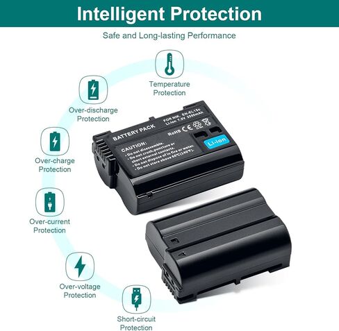 حزمة بطارية EN-EL15، عبوتان من بطاريات ليثيوم أيون بديلة EN-EL15 EN EL15a قابلة لإعادة الشحن لكاميرات Nikon D7500، D7200، D7100، D7000، D850، D750، D500، D810a، D810، D800e، D800، D610، D600 in Kuwait