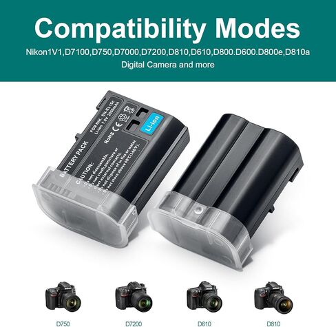 حزمة بطارية EN-EL15، عبوتان من بطاريات ليثيوم أيون بديلة EN-EL15 EN EL15a قابلة لإعادة الشحن لكاميرات Nikon D7500، D7200، D7100، D7000، D850، D750، D500، D810a، D810، D800e، D800، D610، D600 in Kuwait