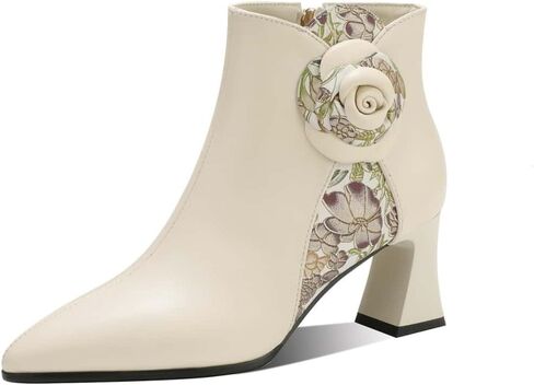 TinaCus Women's Pointed Toe Ankle Boots Genuine Leather Handmade Stacked Heel Short Booties with Decorated Flower in Saudi Arabia