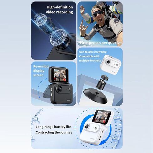 كاميرا Diyeeni Mini Action 1080P 48MP، كاميرا رياضية لمدونات الفيديو مع شاشة قلاب 2 بوصة وعدسة زاوية واسعة 143، بطارية مدمجة قابلة لإعادة الشحن، تكبير 8X، مضادة للاهتزاز (أبيض) in Saudi Arabia