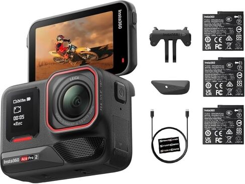 Insta360 Ace Pro 2 Dual Battery +1 Bundle Waterproof 33ft Action Camera Lens 8K Large Dual AI Editing Noise Reduction 1/1.3" Sensor Low Light Flip Up LCD Screen Sports Content (3 Total Batteries) in Saudi Arabia
