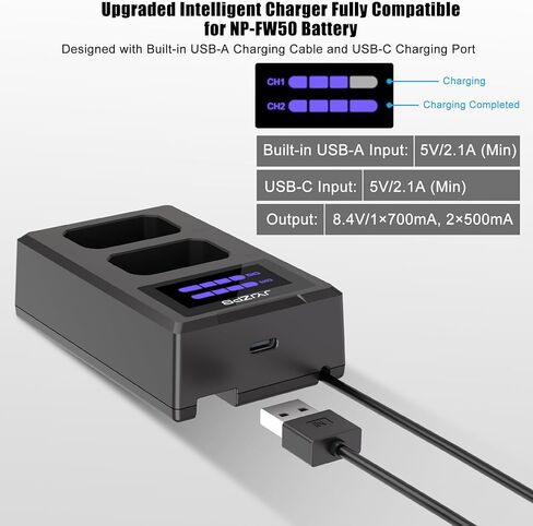 JYJZPB 2 حزمة بطاريات NP-FW50 1300 مللي أمبير وشاحن USB مزدوج لسوني ألفا A6400 ZV-E10 A7II A6100 A7 A6500 A6300 A5100 A7RII A7S A7S2 A7R الكاميرا in Kuwait