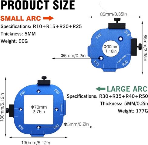 Router Corner Radius Template 2 Pack,with 2 Trim Bit Aluminum Alloy Radius Jig Router Templates,8-in-1 Arc Cutting Guide Set (R10-R50),Use with Router Table,Fits Handheld,Trim,and Table Routers,Blue in Saudi Arabia