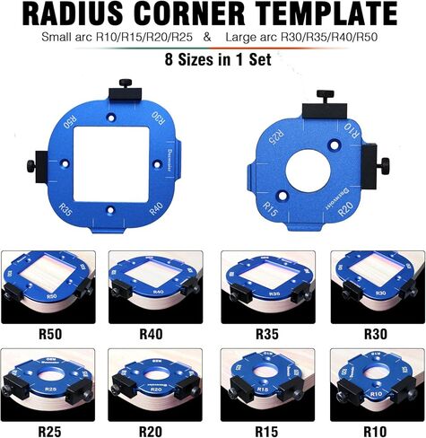 Router Corner Radius Template 2 Pack,with 2 Trim Bit Aluminum Alloy Radius Jig Router Templates,8-in-1 Arc Cutting Guide Set (R10-R50),Use with Router Table,Fits Handheld,Trim,and Table Routers,Blue in Saudi Arabia