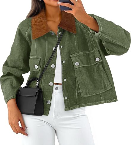 Cicy Bell Womens Cropped Denim Jackets Patchwork Corduroy Collar Barn Jean Jackets Snap Button Coat with Pockets in Saudi Arabia