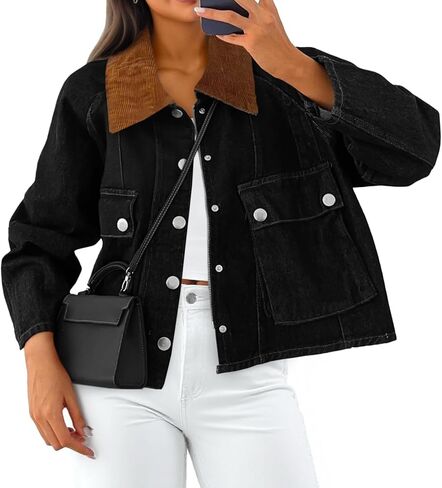 Cicy Bell Womens Cropped Denim Jackets Patchwork Corduroy Collar Barn Jean Jackets Snap Button Coat with Pockets in Saudi Arabia