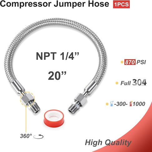 خرطوم ضاغط الهواء مقاس 1/4 بوصة × 20 بوصة - قلب مموج من الفولاذ المقاوم للصدأ، غلاف حماية مضفر، 870 رطل لكل بوصة مربعة، أطراف دوارة مقاس 1/4 بوصة NPT in Kuwait