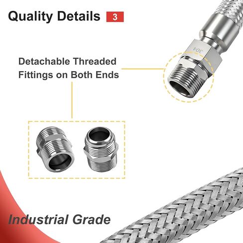 خرطوم ضاغط الهواء مقاس 1/4 بوصة × 20 بوصة - قلب مموج من الفولاذ المقاوم للصدأ، غلاف حماية مضفر، 870 رطل لكل بوصة مربعة، أطراف دوارة مقاس 1/4 بوصة NPT in Kuwait