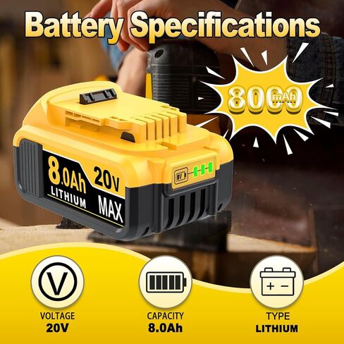 DCB200 8000mAh Replacement for Dewalt 20V Battery Compatible with Dewalt Batteries DCB203 DCB204 DCB207 DCB206 DCB201 DCB205 Cordless Power Tools with LED Indicator 2 Count (2) in Saudi Arabia