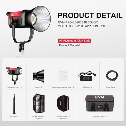 GVM Pro SD200B Video Light with Softboxes, 2 Packs 200W Bi-Color LED Photography Light with DMX/Bluetooth Control, Continuous Lighting Kit for Studio, Film, YouTube, 2700K–6800K, CRI97+ in Saudi Arabia