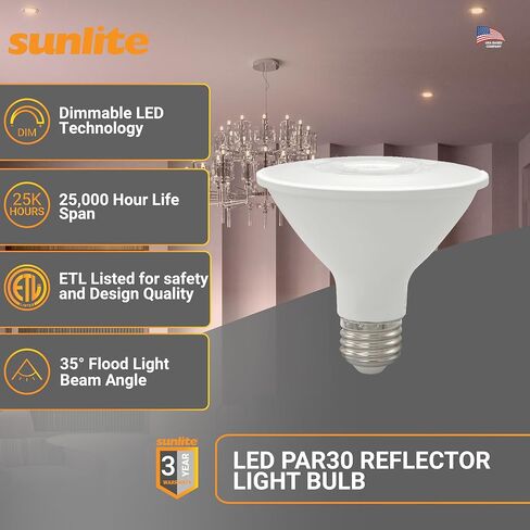 لمبة LED عاكسة من Sunlite PAR30، كشاف كشاف، 9 وات (75 وات =)، 750 لومن، قاعدة E26 متوسطة، 90 CRI، قابلة للتعتيم، استخدام إضاءة المسار الزخرفية، ETL، متوافق مع العنوان 20، بالجملة، 24 حزمة، 30K-أبيض دافئ in Kuwait