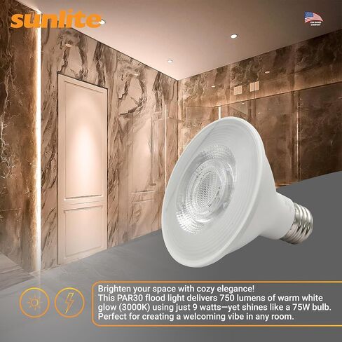 لمبة LED عاكسة من Sunlite PAR30، كشاف كشاف، 9 وات (75 وات =)، 750 لومن، قاعدة E26 متوسطة، 90 CRI، قابلة للتعتيم، استخدام إضاءة المسار الزخرفية، ETL، متوافق مع العنوان 20، بالجملة، 24 حزمة، 30K-أبيض دافئ in Kuwait