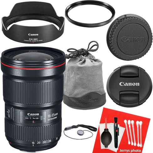 عدسة Canon EF 16-35mm f/2.8L III USM لكاميرات Canon EF-Mount APS-C DSLR + حافظة عدسة + غطاء + فلتر للأشعة فوق البنفسجية + منفاخ غبار + قلم فرشاة مستشعر + حافظة غطاء (حزمة 10 قطع)، أسود (متجدد) in Kuwait