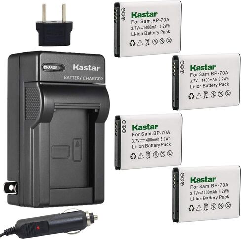 Kastar بطارية 4X + شاحن سامسونج BP-70A BP70A ST90 ST95 ST100 ST150F ST700 ST6500 SL50 SL600 SL605 SL630 WB30F WB35F WB50F ES70 ES80 MV800 DV150F PL20 PL80 PL120 PL170 PL200 TL105 TL110 TL205 in Kuwait