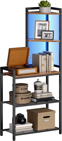 HOOBRO 5-Tier Corner Shelf Stand, Corner Shelf with LED Light, 56.3" Tall Corner Bookshelf, Display Rack Storage Organizer with Table, for Small Spaces, Living Room, Entryway, Rustic Brown BF69DCJ01 in Saudi Arabia