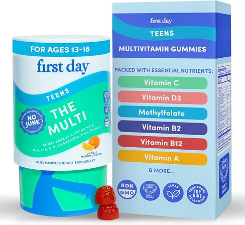 فيتامينات اليوم الأول للمراهقين - فيتامينات متعددة في سن المراهقة للفتيات والفتيان 12-17 ، مزيج الفاكهة والخضروات العضوية - 12 العناصر الغذائية الرئيسية: فيتامينات A ، B1 ، B2 ، B6 ، B9 ، B12 ، C ، D3 ، E ، K2-30 Day Supply in Kuwait