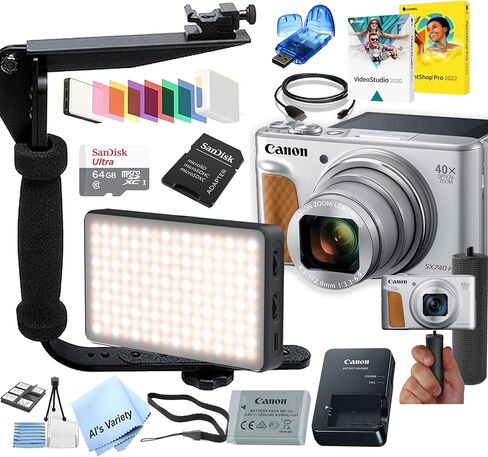 Canon Powershot SX740 HS Digital Camera (Silver) Video Kit with Accessories: LED Video Light, 64GB Memory, Video Stabilizing Bracket, Grip, Software, HDMI, & More (Renewed) in Saudi Arabia