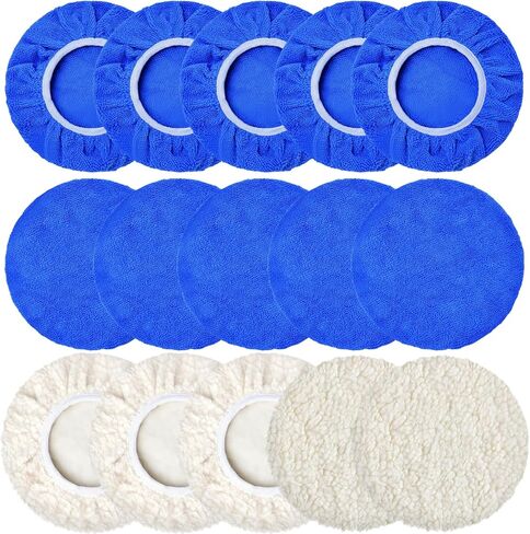 15 PCS Car Polisher Pad Bonnet 5 to 6 Inch, Car Polishing Bonnet Buffing Pads, Lamb Fleece Buffing Pad Cover, 10*Microfiber 5*Woollen in Saudi Arabia