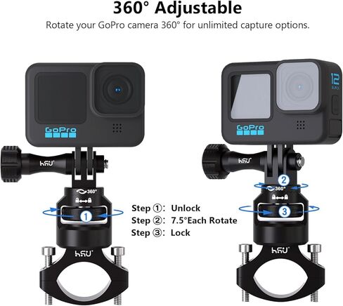 حامل مقود الدراجة HSU لـ Go Pro، عمود مقعد دراجة دوار من الألومنيوم 360 درجة، 0.87 بوصة - 1.26 بوصة حامل دراجة نارية Go Pro متوافق مع Go Pro Hero 13/12/11/10/9/8/7، Osmo Action وكاميرات الحركة الأخرى in Saudi Arabia