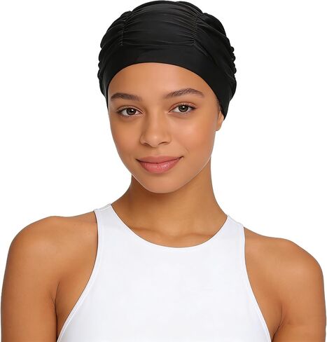 Fabric Swimming Cap for Women Pleated Swim Hat Breathable Bathing Shower Cap Solid Color Chemo Turban Hat in Saudi Arabia