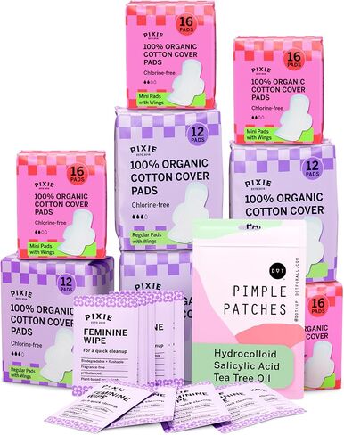 Pixie Organic Cotton Pad Kit for Girls - تشمل 32 CT Mini و 24ct منصات منتظمة مع مناديل أنثوية - تسرب معدة مع أجنحة - تعبئة الأساسيات الأنثوية - مثالية للمراهقين والضوء إلى متوسط التدفق in Kuwait
