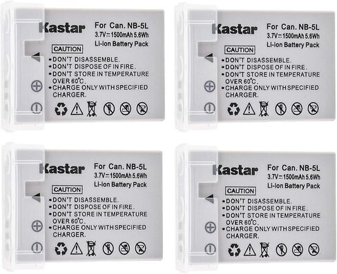 بطارية Kastar NB-5L (4 عبوات) لكاميرات Canon NB-5L، CB-2LXE تعمل مع Canon PowerShot S100، PowerShot S110، PowerShot SD700 IS، PowerShot SD790 IS، PowerShot SD800 IS، PowerShot SD850 IS، PowerShot SD870 IS، PowerShot SD880 IS، PowerShot SD890 إس، باور شوت  in Kuwait