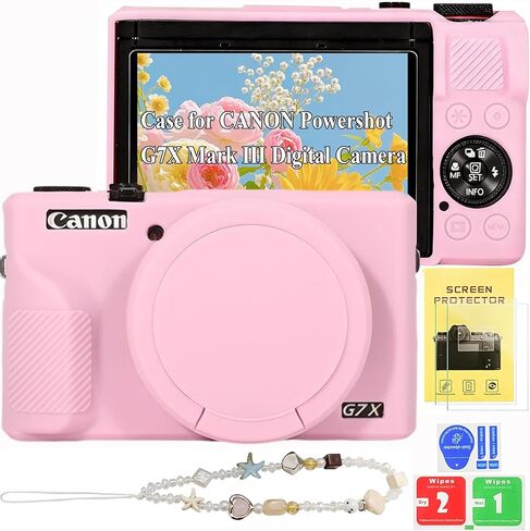 حافظة لكاميرا Canon Powershot G7 X Mark III الرقمية مع حزام معصم ساحر للكاميرا وواقي شاشة، حافظة حماية للكاميرا من السيليكون مع غطاء عدسة لملحقات Canon g7x Mark iii (وردي) in Kuwait