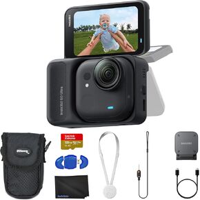 Insta360 GO Ultra Standard Bundle Midnight Black - كاميرا صغيرة بدون استخدام اليدين بدقة 4K، خفيفة الوزن ومحمولة، تتميز بالإضاءة المنخفضة، التثبيت، حزمة عمر البطارية 200 دقيقة مع ذاكرة 128 جيجابايت، حافظة + المزيد in Kuwait