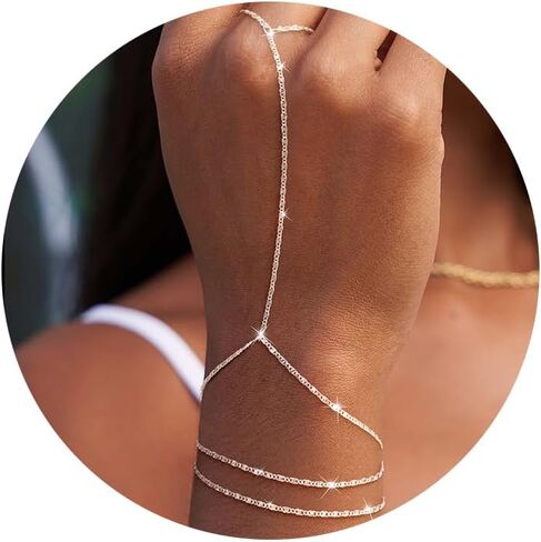 Moodear Dainty Ring سوار سلسلة يد للنساء - 14K مطلية بالذهب / الفضة الاسترلينية طبقات قابلة للتعديل من الخرز الصناعي مشبك ورق نقطة تشيكوسلوفاكيا ربط سلسلة اليد أساور غير مشوهة هدية مجوهرات عصرية in Kuwait