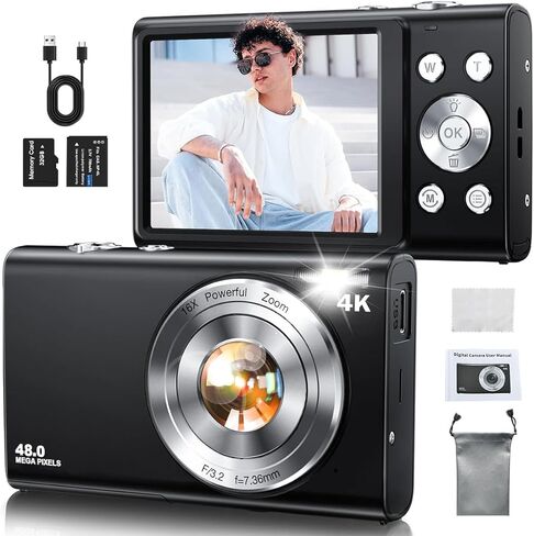 كاميرا رقمية بمستشعر 48 ميجابكسل، تسجيل فيديو 4K 1080 بكسل، تكبير 18x، بطاقة ذاكرة 32 جيجابايت، فلاش مدمج، تصميم مضغوط للمراهقين والبالغين in Saudi Arabia