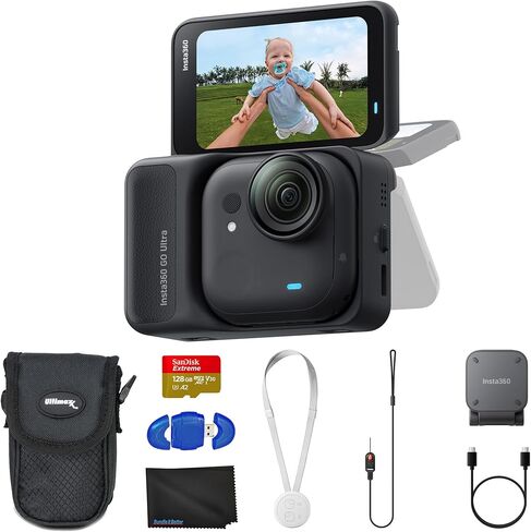 Insta360 GO Ultra Standard Bundle Midnight Black - كاميرا صغيرة بدون استخدام اليدين بدقة 4K، خفيفة الوزن ومحمولة، تتميز بالإضاءة المنخفضة، التثبيت، حزمة عمر البطارية 200 دقيقة مع ذاكرة 128 جيجابايت، حافظة + المزيد in Kuwait
