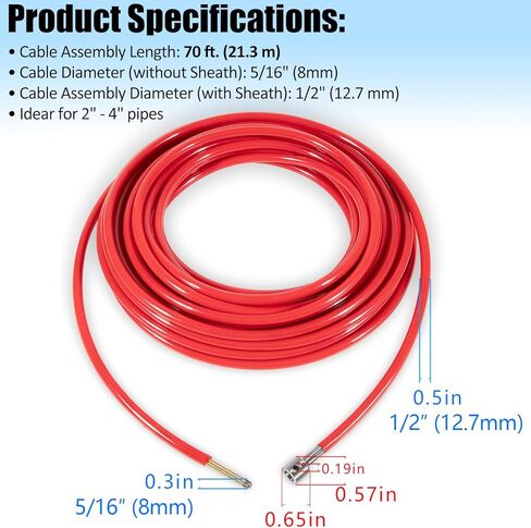 64348 70' of 5/16" Cable Assembly with Sheath & Couplings Fit for Ridgid K9-204 Flexshaft Drain Cleaning Machine for 2" to 4" Pipe in Saudi Arabia