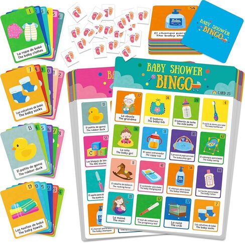 لعبة بينجو للاستحمام للأطفال، 50 بطاقة بينجو ثنائية اللغة الإسبانية والإنجليزية لحفلات الكشف عن الجنس، استحمام الطفل، هدايا الألعاب، اللوازم، الديكورات للبالغين (50 لاعبًا) in Kuwait