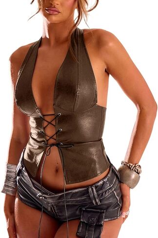 SHENHE Women's PU Leather Lace Up Halter Bustier Top Deep V Backless Sexy Club Rave Crop Top in Saudi Arabia